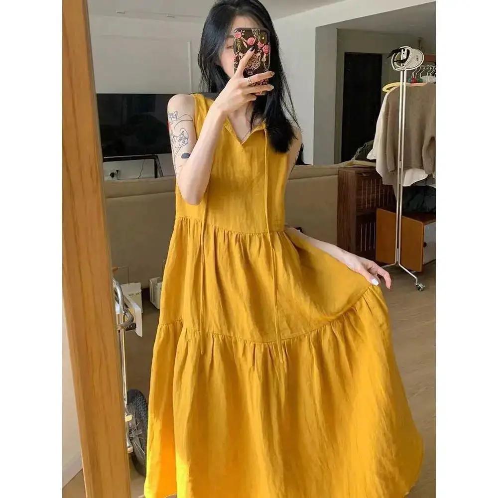 Summer New Cotton and Linen Ins Gentle Solid Color Sleeveless dress French Loose Strap Slimming Holiday Style Long Dress by Dropshipman