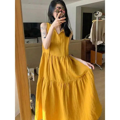 Summer New Cotton and Linen Ins Gentle Solid Color Sleeveless dress French Loose Strap Slimming Holiday Style Long Dress by Dropshipman