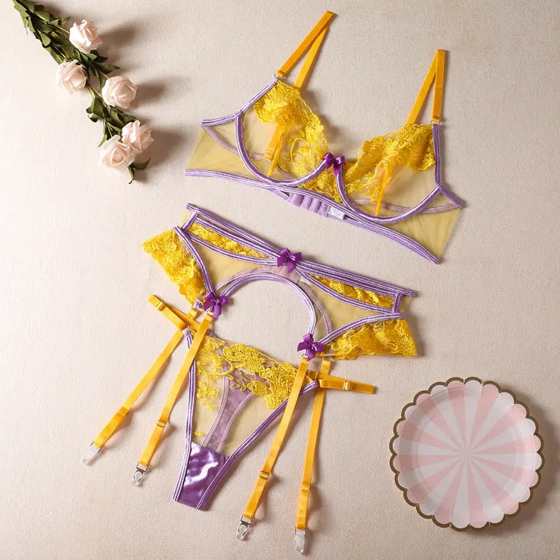 Yellow floral embroidered women's bra and underwear set with see-through fabric and sexy bow, from SHOPEZRA L.L.C.