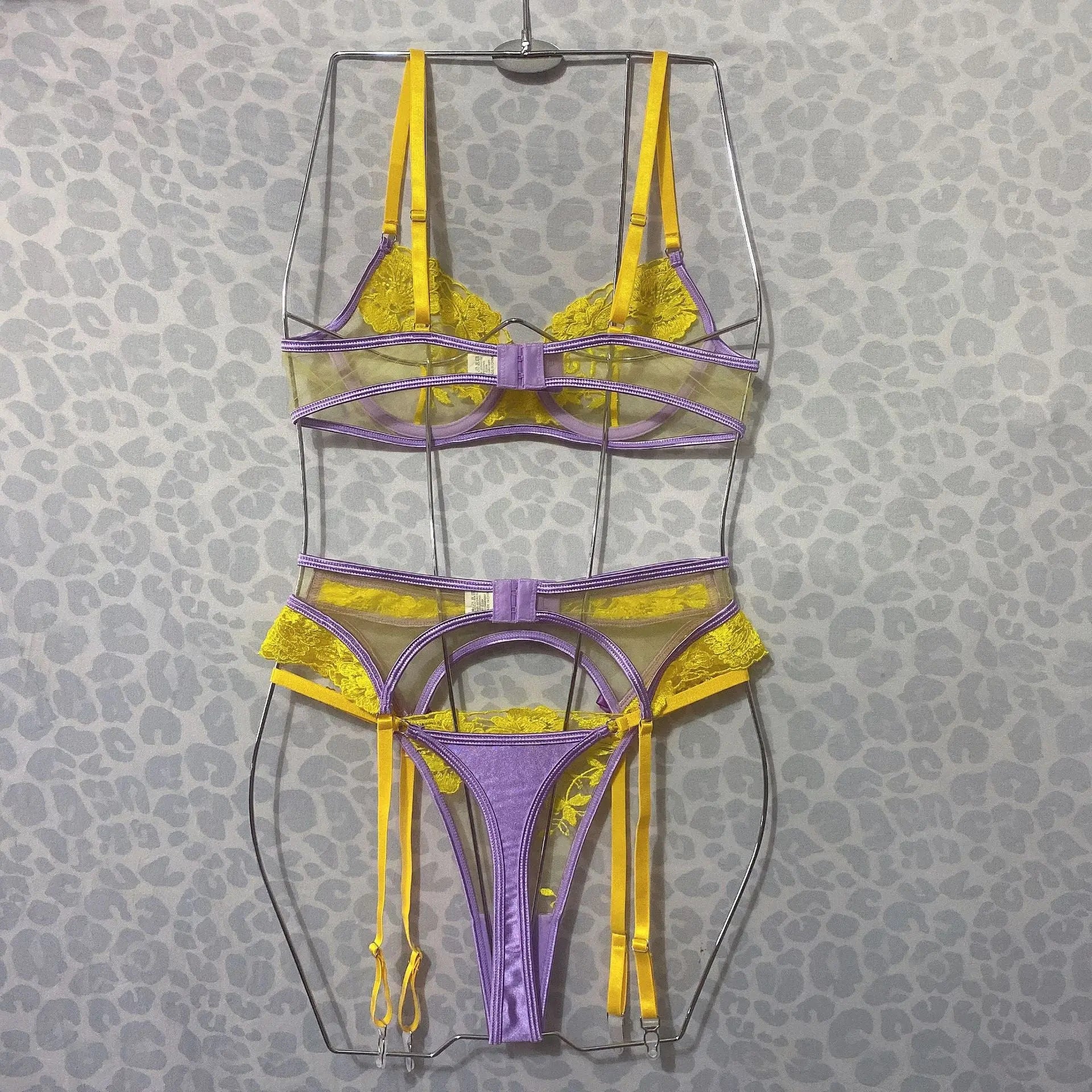 Yellow flower-embroidered women's lingerie set with see-through bra and sexy bow, stylish and high-quality from SHOPEZRA L.L.C.