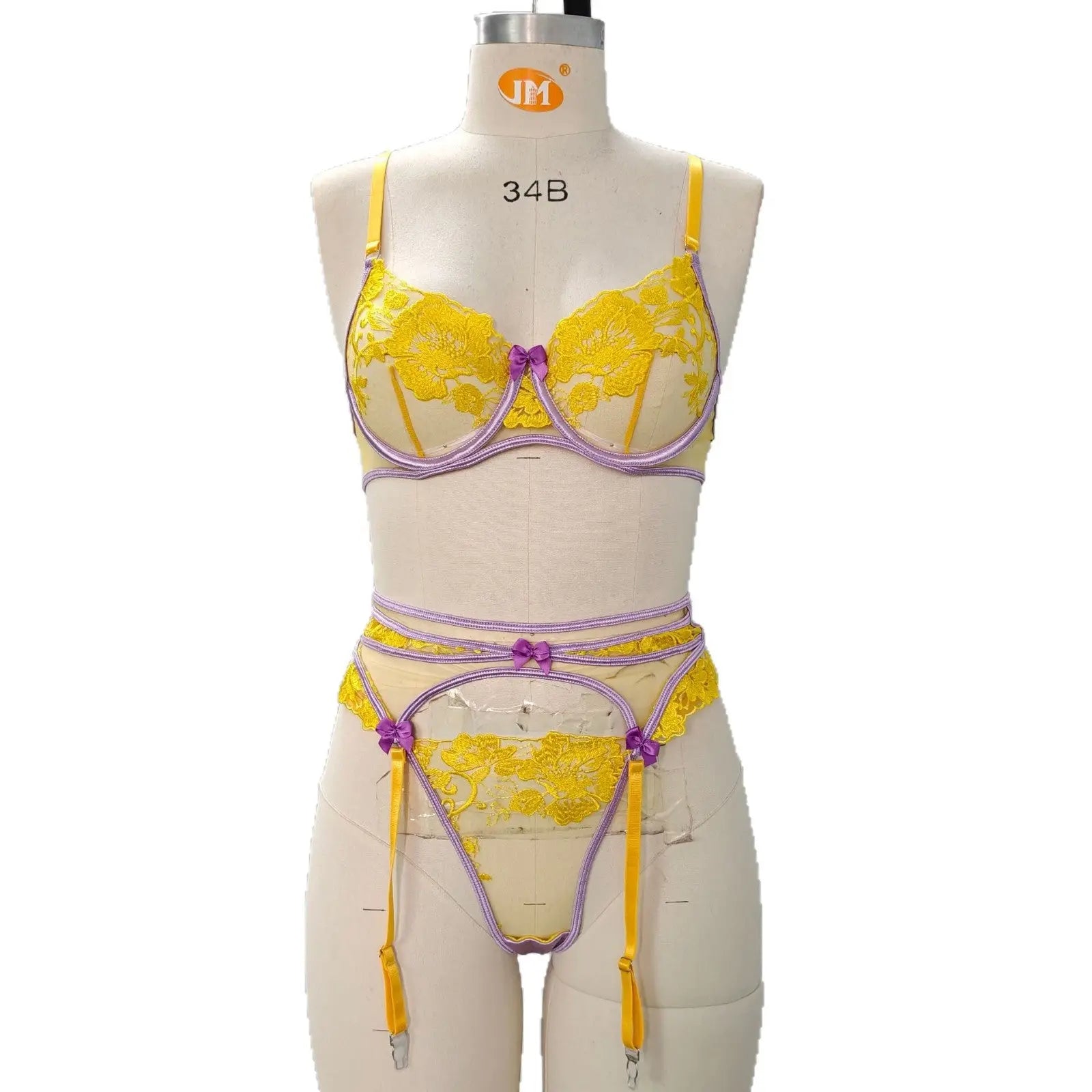 European and American cross-border women's flower embroidered see-through bra and underwear set with sexy bow, high-quality and stylish.