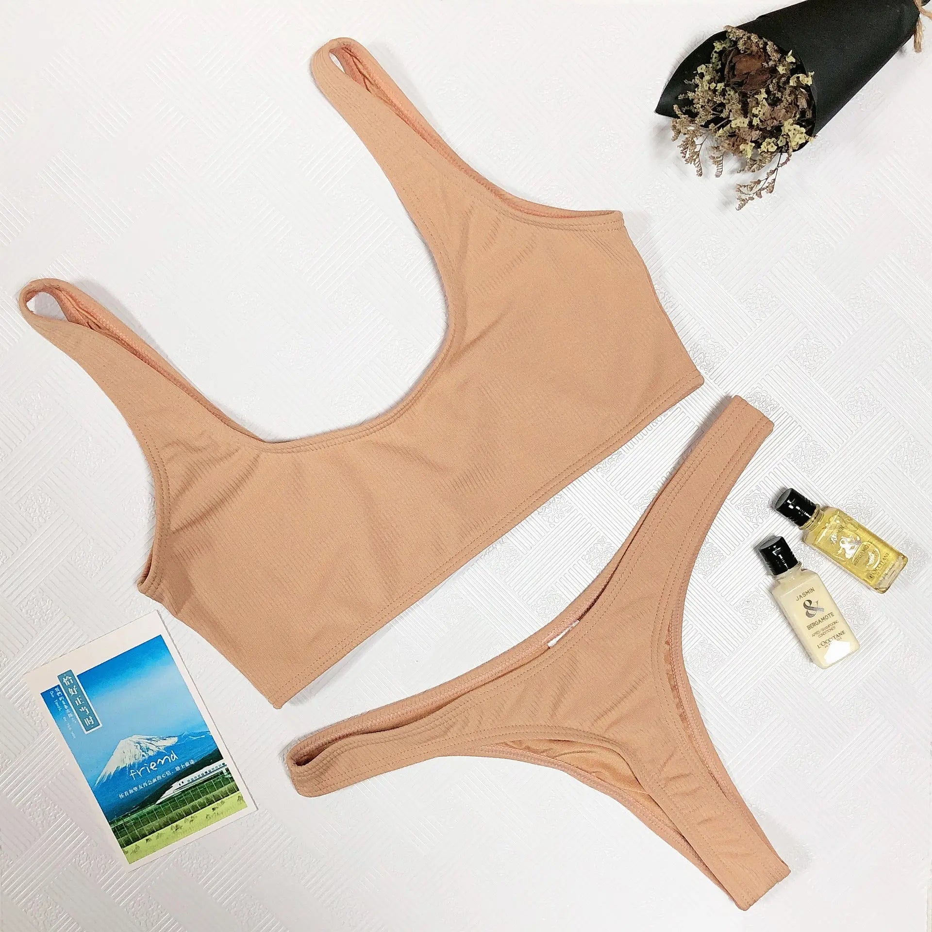 Yellow European and American sexy solid color tankini with thong design, women's custom foreign trade swimsuit from SHOPEZRA L.L.C.