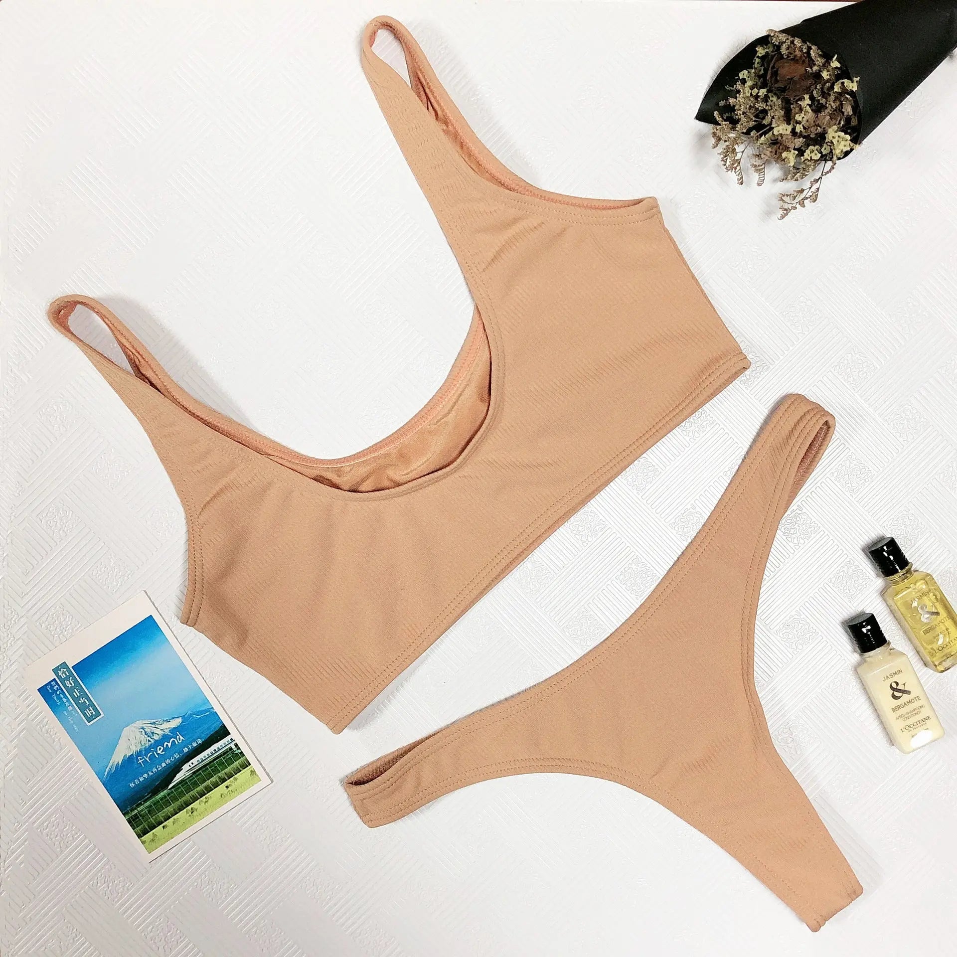 Yellow European and American sexy solid color tankini with thong style, women's custom foreign trade swimsuit by SHOPEZRA L.L.C.