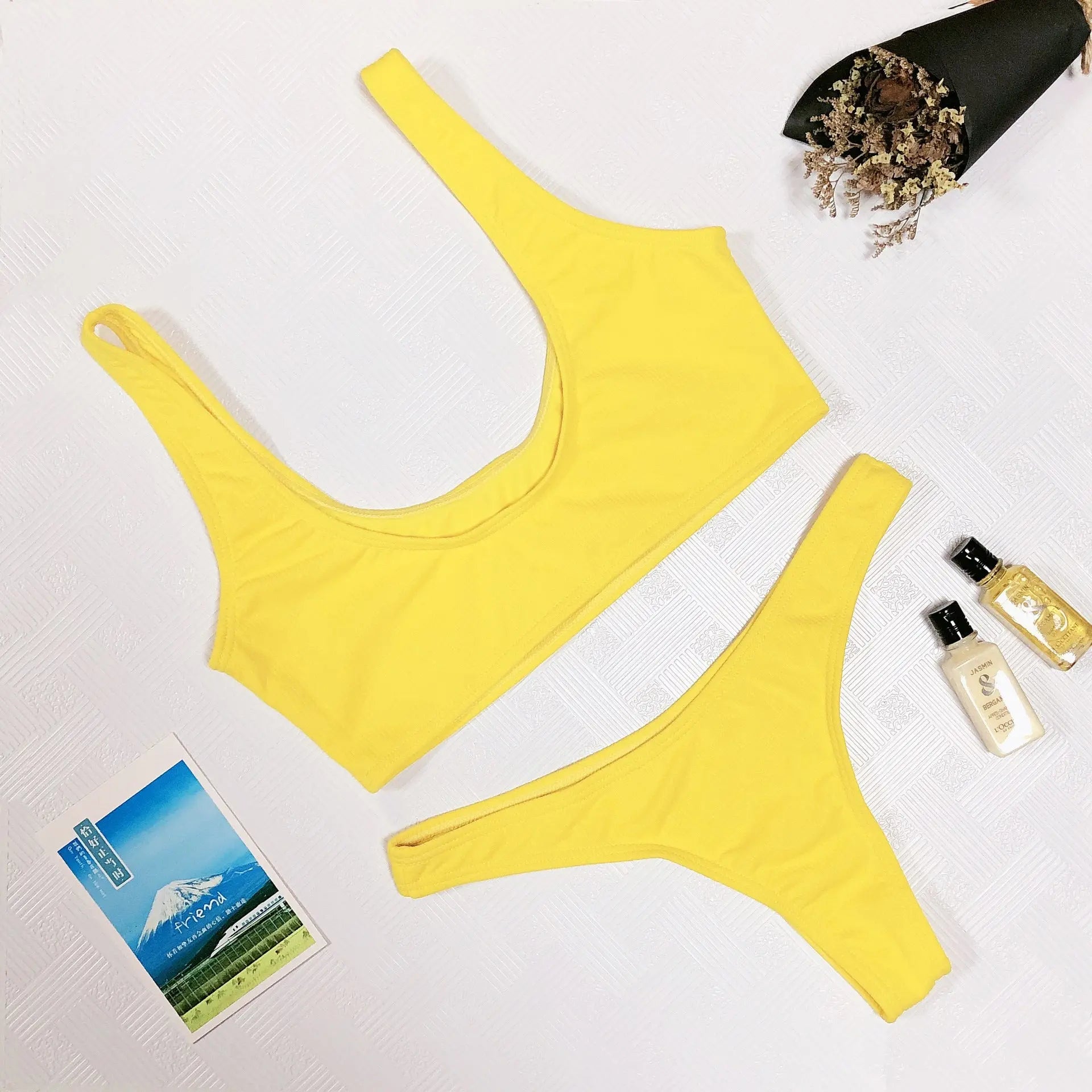 Yellow European and American sexy solid color tankini thong pit bikini swimsuit for women, casual swimwear by SHOPEZRA L.L.C.