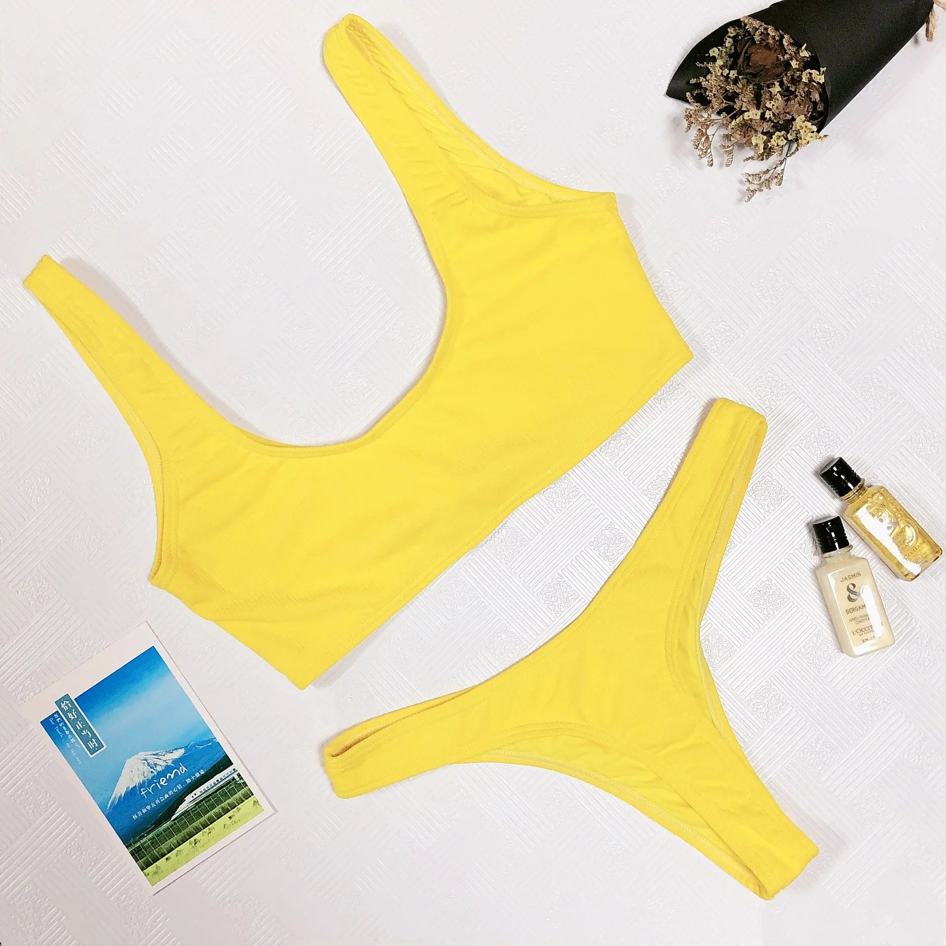 Yellow European and American solid color tankini with thong bottom, women's custom swimsuit by SHOPEZRA L.L.C.