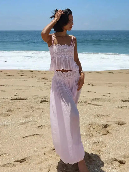 Women Pant Set Sheer Layers Spaghetti Strap Backless Lace Top Straps Solid Loose Straight Elastic Hem Fashion Beach Chic Suits by Dropshipman
