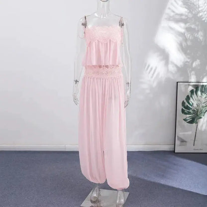 Women Pant Set Sheer Layers Spaghetti Strap Backless Lace Top Straps Solid Loose Straight Elastic Hem Fashion Beach Chic Suits by Dropshipman
