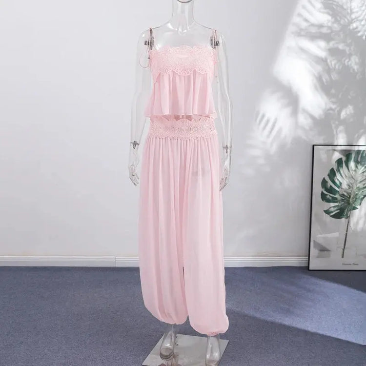 Women Pant Set Sheer Layers Spaghetti Strap Backless Lace Top Straps Solid Loose Straight Elastic Hem Fashion Beach Chic Suits SHOPEZRA L.L.C.