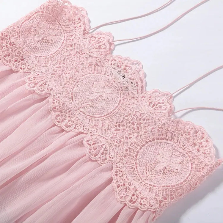 Women Pant Set Sheer Layers Spaghetti Strap Backless Lace Top Straps Solid Loose Straight Elastic Hem Fashion Beach Chic Suits SHOPEZRA L.L.C.