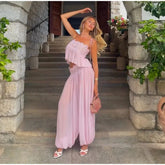 Women Pant Set Sheer Layers Spaghetti Strap Backless Lace Top Straps Solid Loose Straight Elastic Hem Fashion Beach Chic Suits SHOPEZRA L.L.C.