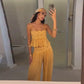 Women Pant Set Sheer Layers Spaghetti Strap Backless Lace Top Straps Solid Loose Straight Elastic Hem Fashion Beach Chic Suits SHOPEZRA L.L.C.