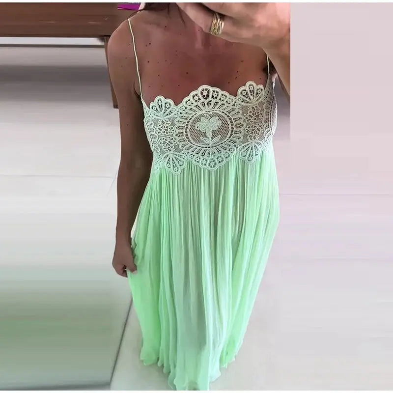 Women Pant Set Sheer Layers Spaghetti Strap Backless Lace Top Straps Solid Loose Straight Elastic Hem Fashion Beach Chic Suits SHOPEZRA L.L.C.