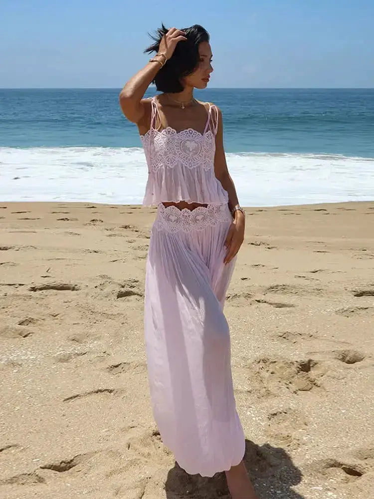 Women Pant Set Sheer Layers Spaghetti Strap Backless Lace Top Straps Solid Loose Straight Elastic Hem Fashion Beach Chic Suits by Dropshipman