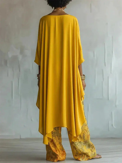 Casual Two Piece Set Loose O-neck 3/4 Sleeve Irregular Solid Color Extended Top Printed Wide Leg Pants Suit Fashion Commuting by Dropshipman