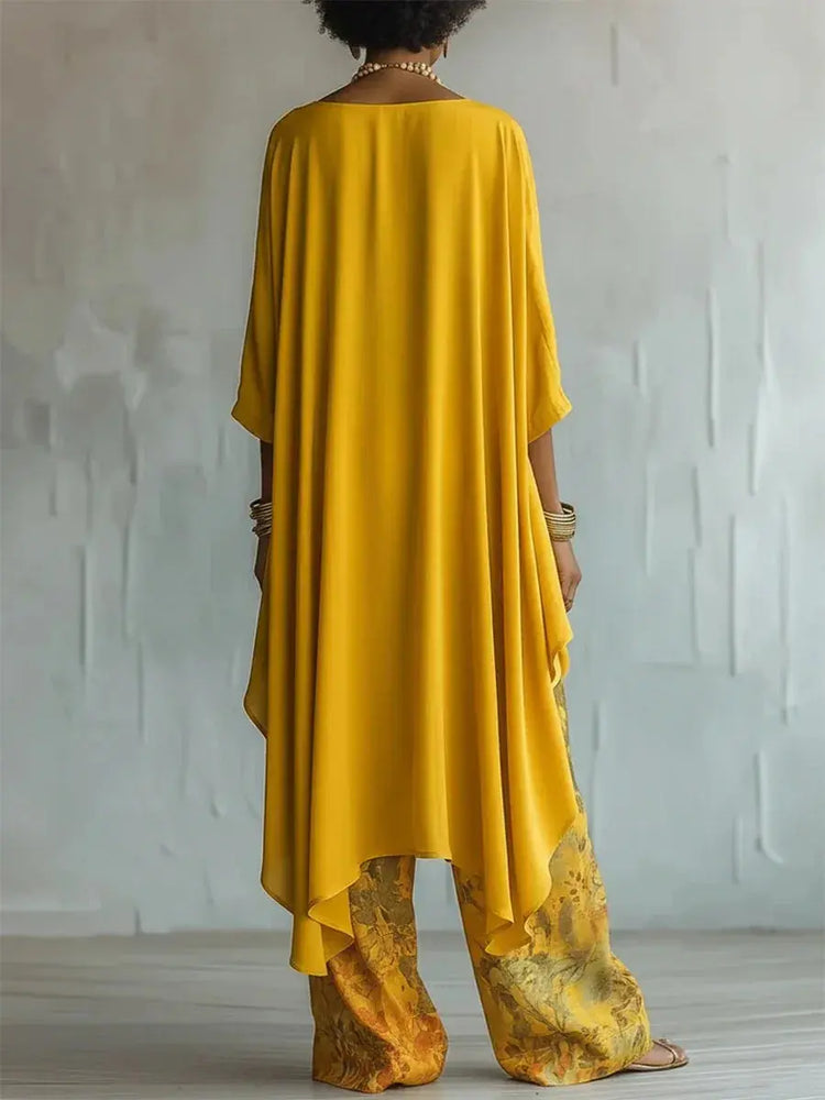 Casual Two Piece Set Loose O-neck 3/4 Sleeve Irregular Solid Color Extended Top Printed Wide Leg Pants Suit Fashion Commuting SHOPEZRA L.L.C.