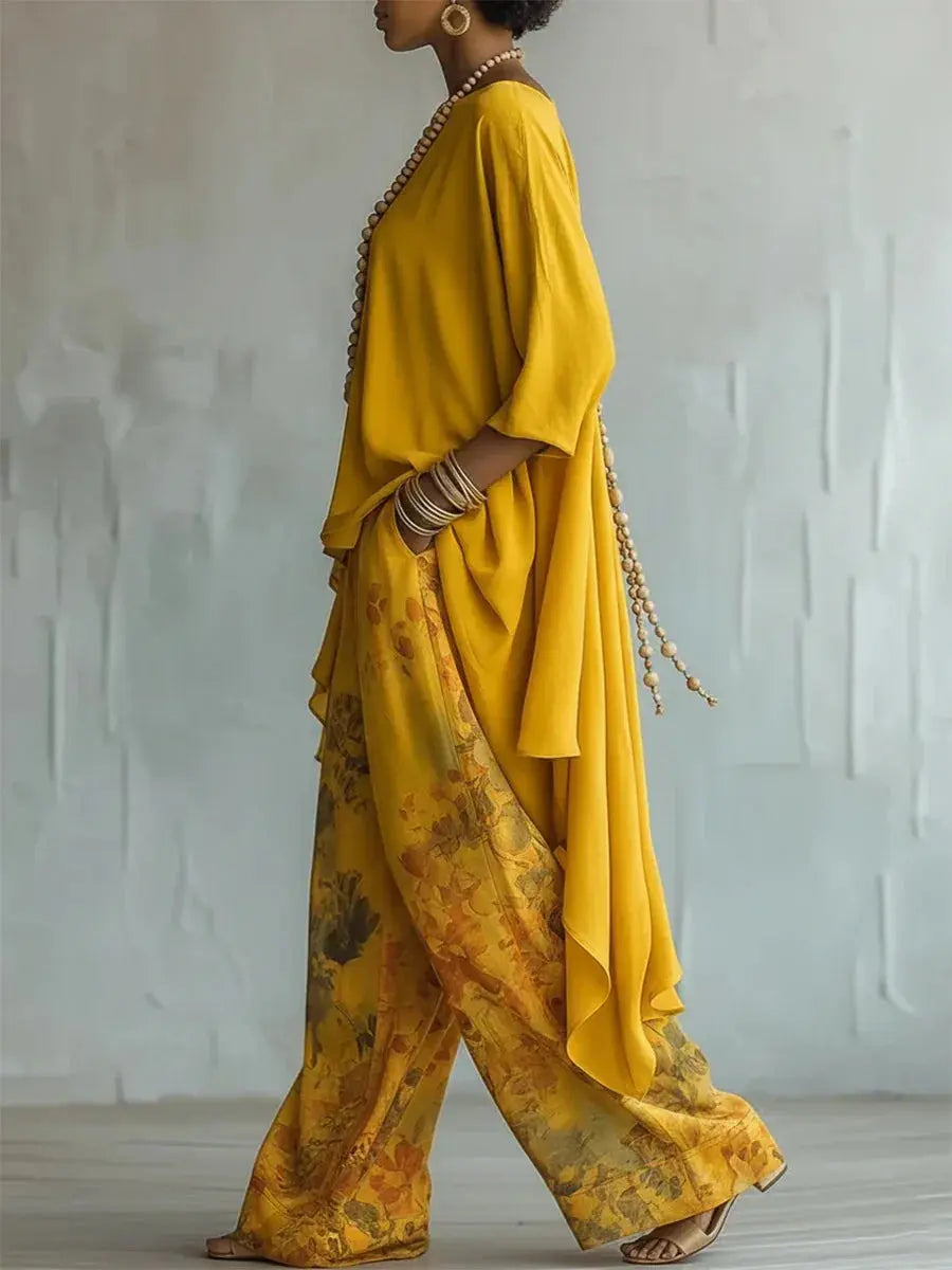 Yellow casual two-piece set with loose O-neck top and wide-leg printed pants, perfect for commuting and everyday wear.