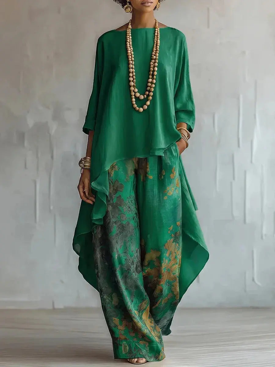 Yellow casual two-piece set with loose O-neck top and printed wide-leg pants, perfect for commuting and relaxed fashion.