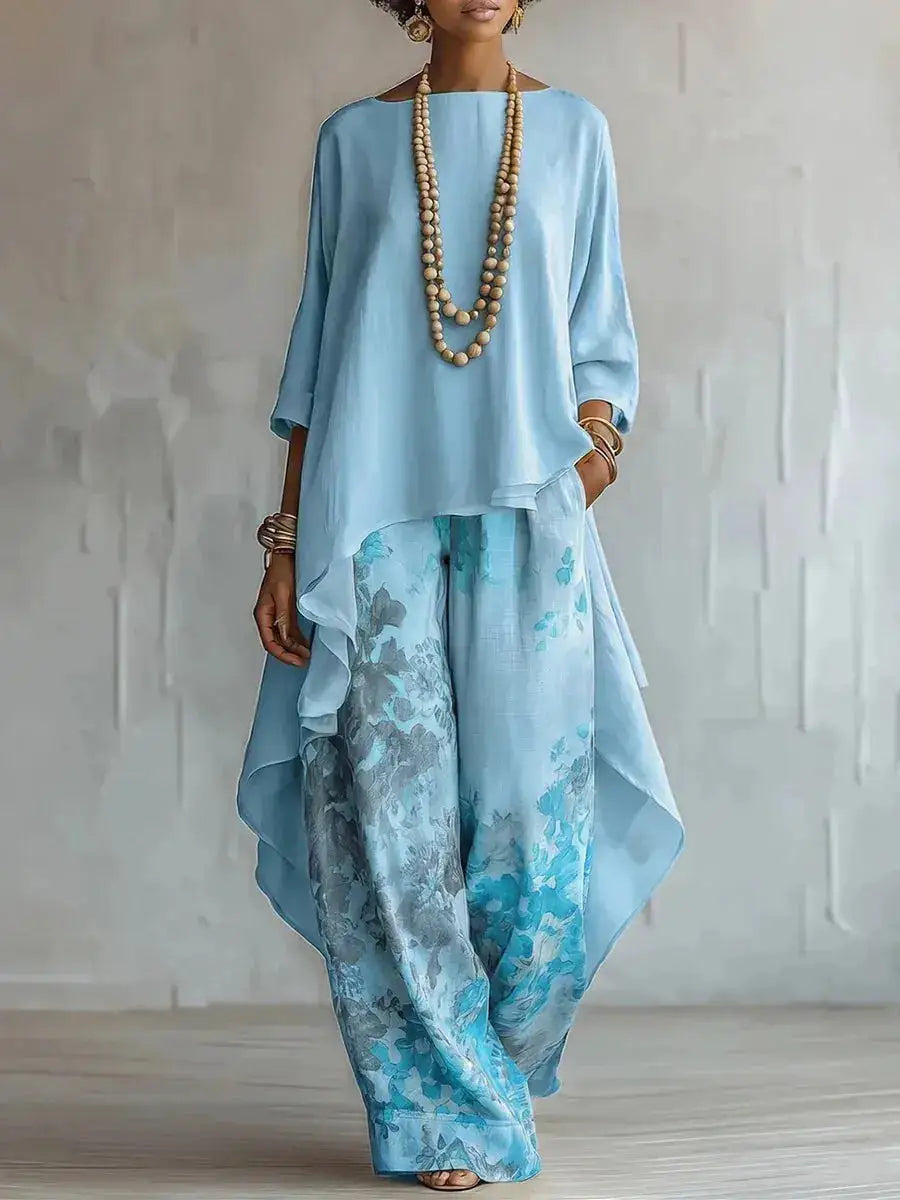 Casual Two Piece Set Loose O-neck 3/4 Sleeve Irregular Solid Color Extended Top Printed Wide Leg Pants Suit Fashion Commuting by Dropshipman