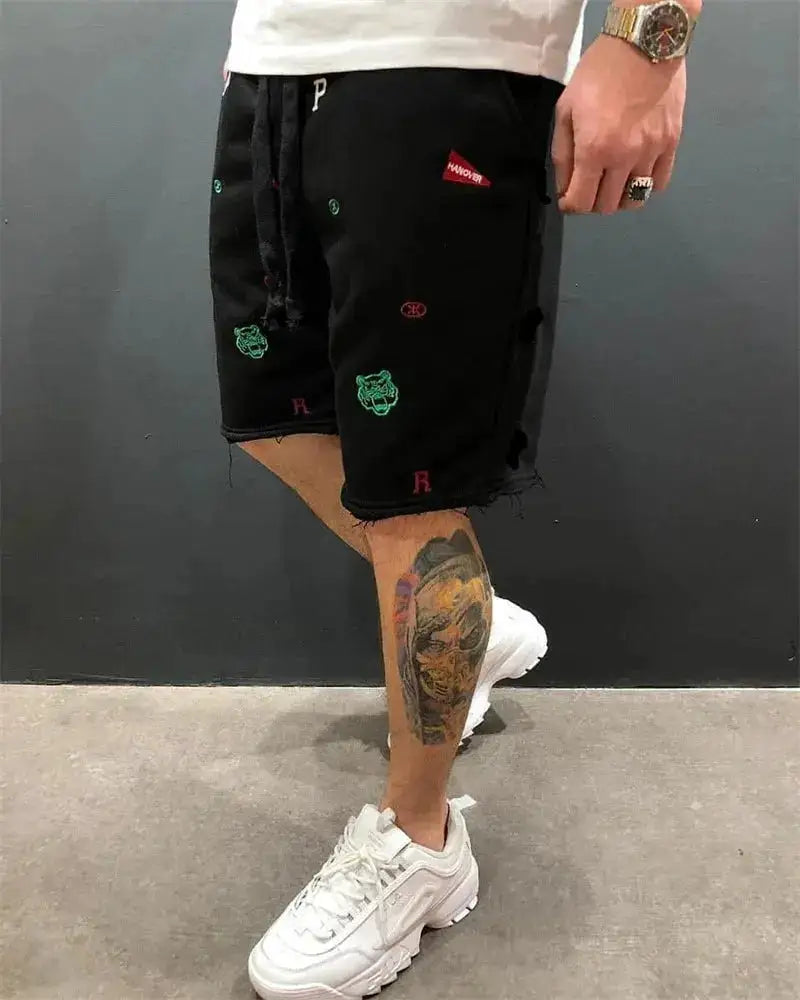 Spring Summer Mens Cotton loose Shorts Streetwear Bodybuilding Embroidered casual Short pants Jogger sports Tiger head Shorts by Dropshipman