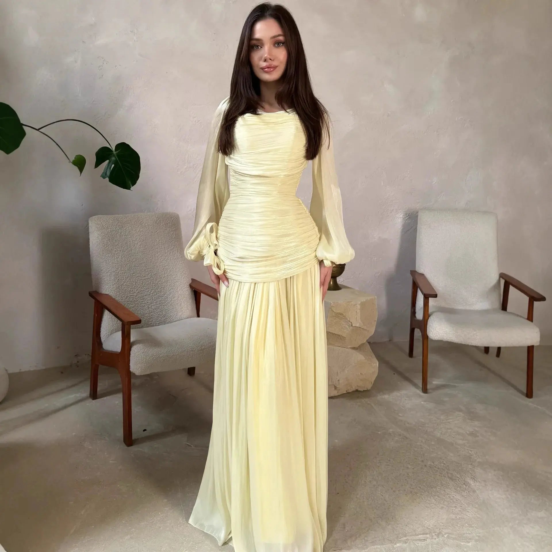 Yellow women's Eid Muslim abaya dress with folds, maxi gown style, long Arab robe, perfect for Ramadan and special parties.