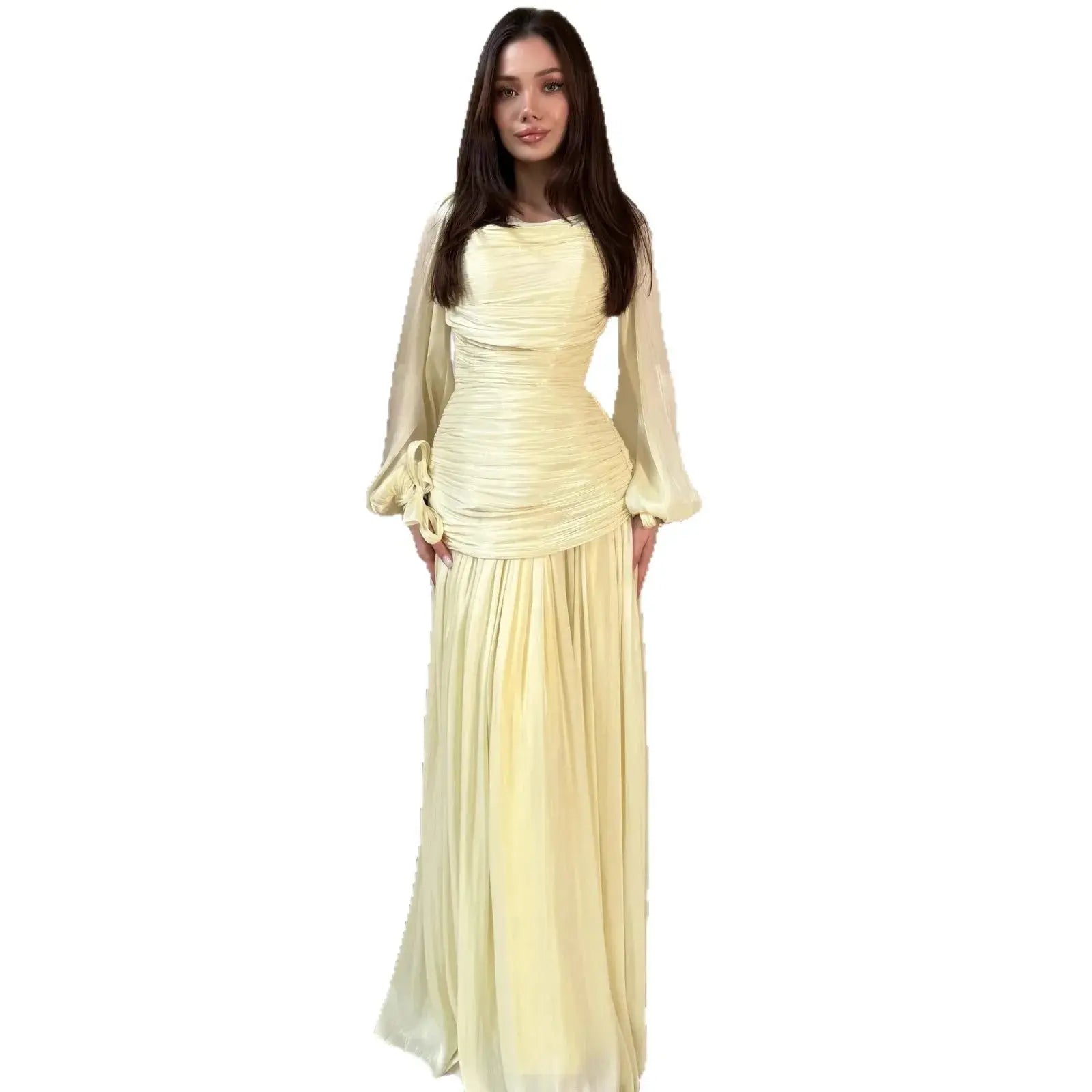 Yellow women's Muslim abaya dress with fold details, maxi gown style, suitable for Eid, Ramadan, and special occasions.