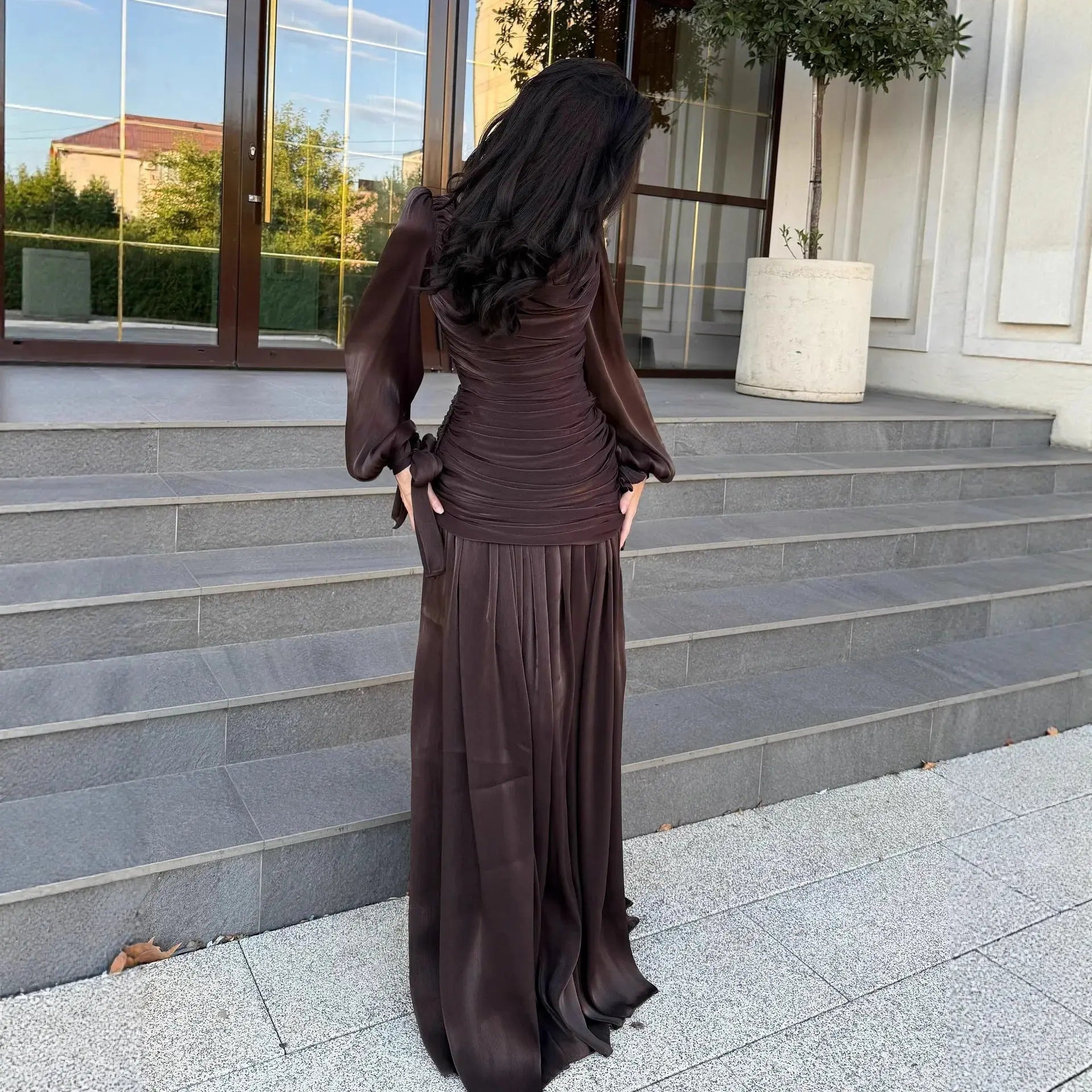 Yellow women's Muslim abaya dress with traditional folds, maxi gown style, suitable for Eid, Ramadan, and special Arab occasions.