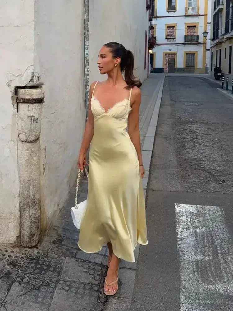 Satin Sexy Lace Spliced Maix Sling Dress Women Sleeveless Backless Yellow Vacation Vestidos 2026 Fashion Summer Lady Dresses by Dropshipman