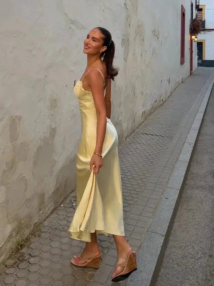 Satin Sexy Lace Spliced Maix Sling Dress Women Sleeveless Backless Yellow Vacation Vestidos 2026 Fashion Summer Lady Dresses by Dropshipman
