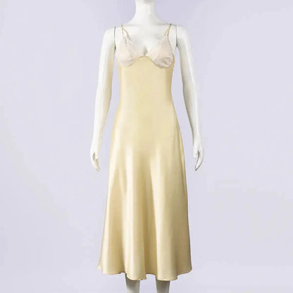 Satin Sexy Lace Spliced Maix Sling Dress Women Sleeveless Backless Yellow Vacation Vestidos 2026 Fashion Summer Lady Dresses by Dropshipman