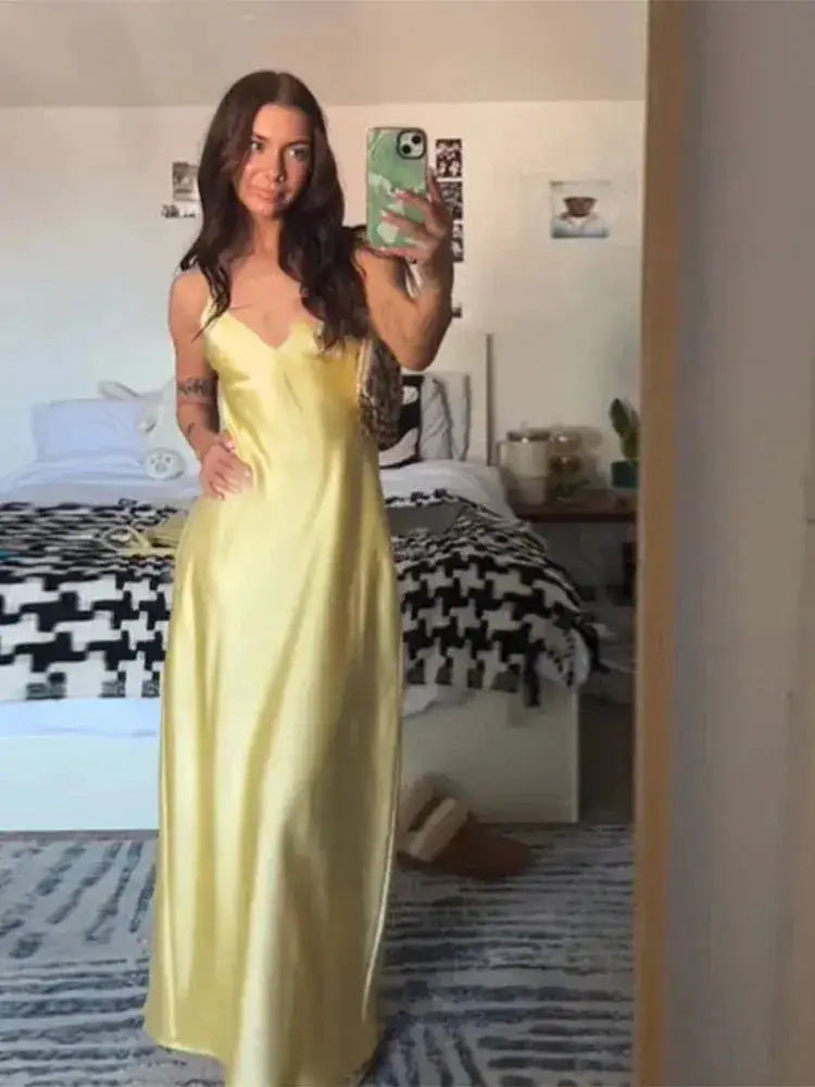 Satin Sexy Lace Spliced Maix Sling Dress Women Sleeveless Backless Yellow Vacation Vestidos 2026 Fashion Summer Lady Dresses by Dropshipman