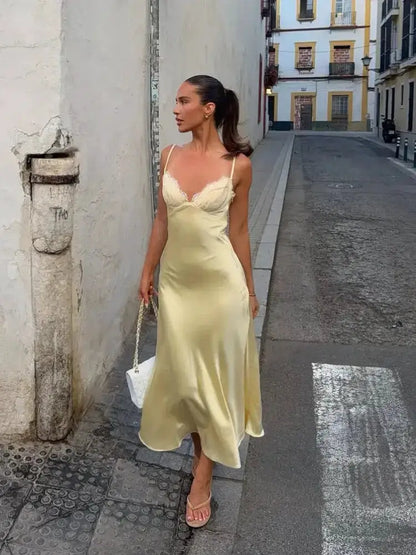Satin Sexy Lace Spliced Maix Sling Dress Women Sleeveless Backless Yellow Vacation Vestidos 2026 Fashion Summer Lady Dresses by Dropshipman