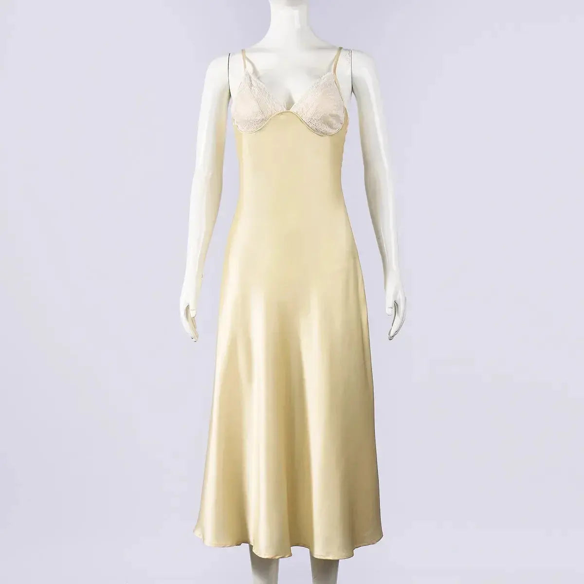 Satin Sexy Lace Spliced Maix Sling Dress Women Sleeveless Backless Yellow Vacation Vestidos 2026 Fashion Summer Lady Dresses﻿ SHOPEZRA L.L.C.