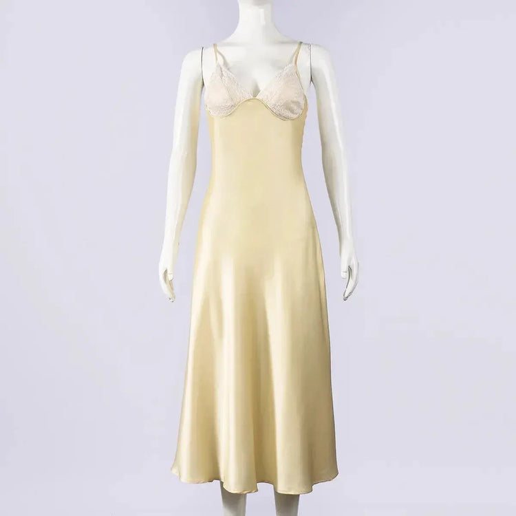 Satin Sexy Lace Spliced Maix Sling Dress Women Sleeveless Backless Yellow Vacation Vestidos 2026 Fashion Summer Lady Dresses﻿ SHOPEZRA L.L.C.
