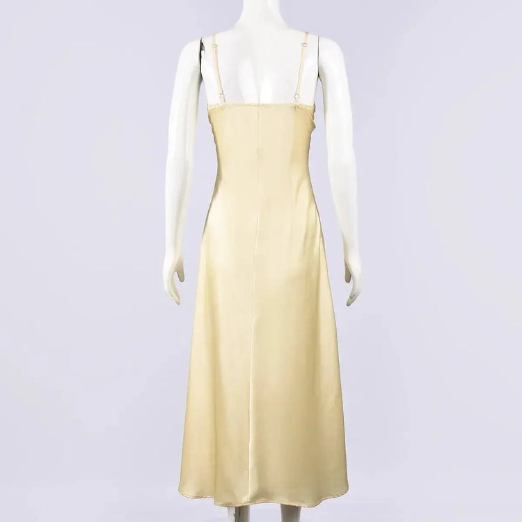 Satin Sexy Lace Spliced Maix Sling Dress Women Sleeveless Backless Yellow Vacation Vestidos 2026 Fashion Summer Lady Dresses﻿ SHOPEZRA L.L.C.