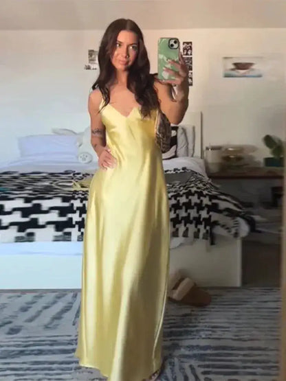 Satin Sexy Lace Spliced Maix Sling Dress Women Sleeveless Backless Yellow Vacation Vestidos 2026 Fashion Summer Lady Dresses by Dropshipman