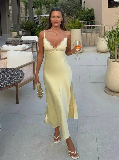 Satin Sexy Lace Spliced Maix Sling Dress Women Sleeveless Backless Yellow Vacation Vestidos 2026 Fashion Summer Lady Dresses by Dropshipman
