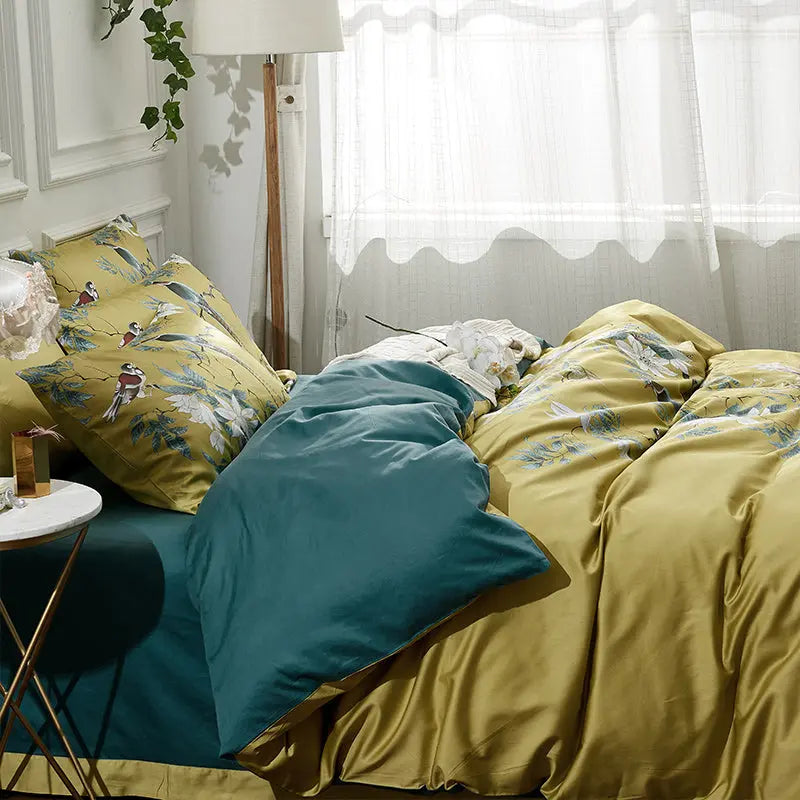 60s Long-staple Cotton Satin Bedding Set with Stripes featuring elegant floral designs in a cozy bedroom setting.