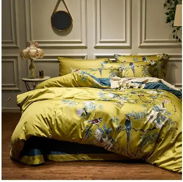 60s long-staple cotton satin bedding set with stripes in Yu Cuiyun color and floral patterns, enhancing bedroom elegance.