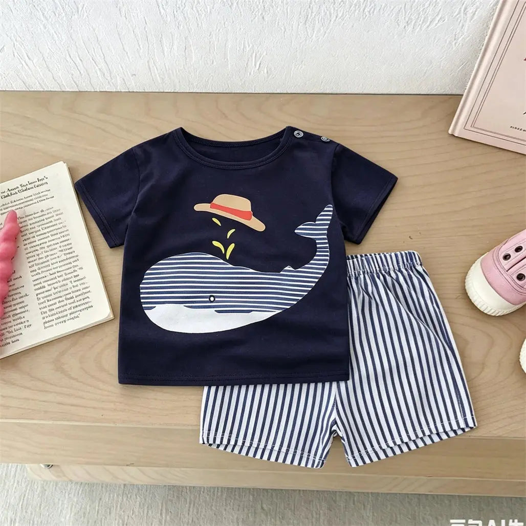 Toddler boys trendy costume printed T-shirt and shorts set, casual sports wear with cartoon design, all-match two-piece outfit.