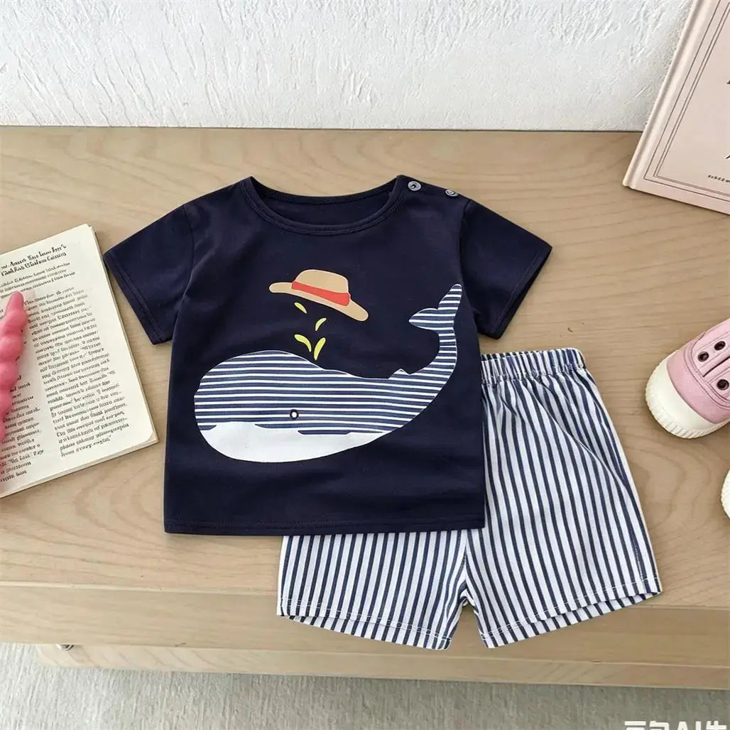 Boys trendy printed costume T-shirt and shorts set, casual sportswear with cartoon design, toddler all-match two-piece clothing set