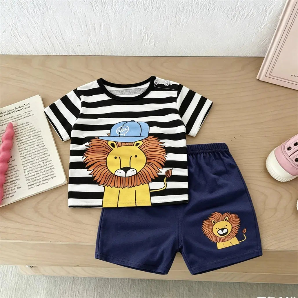 Toddler boys trendy two-piece set with printed T-shirt and matching shorts, casual sportswear with cartoon design from SHOPEZRA L.L.C.
