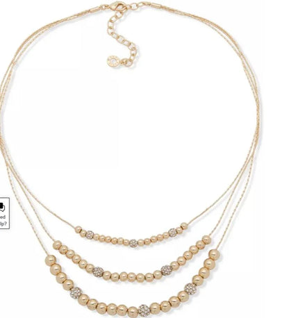 Anne Klein Gold-Tone Pave Fireball &amp; Bead Layered Necklace, 16 + 3" Extender"