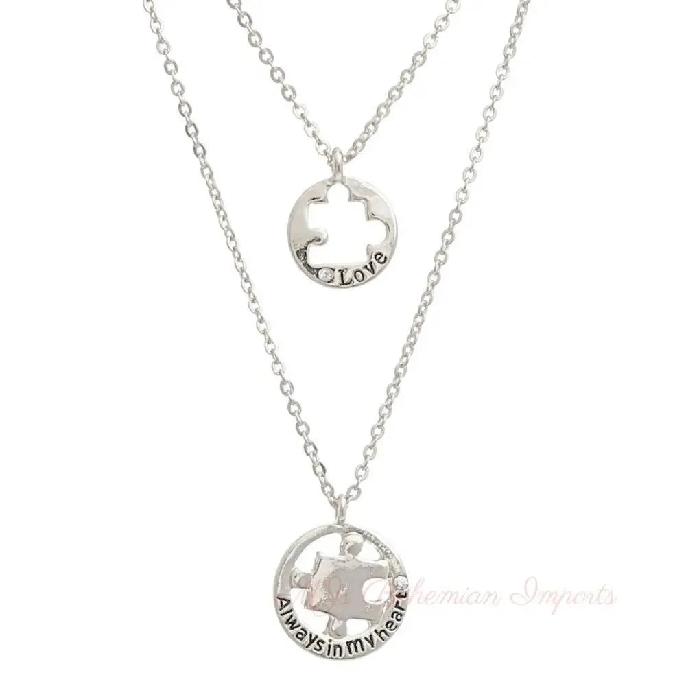 Silver Puzzle Cutout Layered Necklace Set