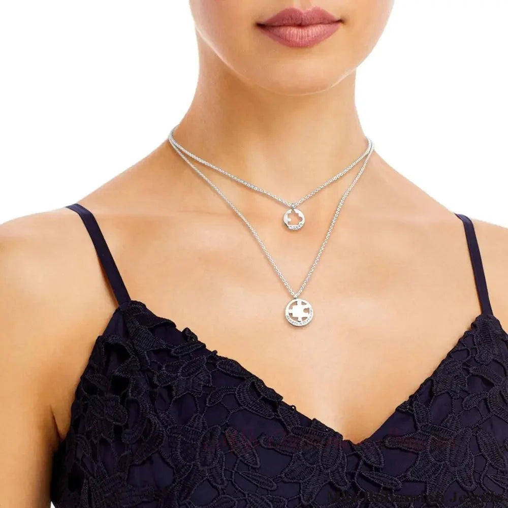 Silver Puzzle Cutout Layered Necklace Set