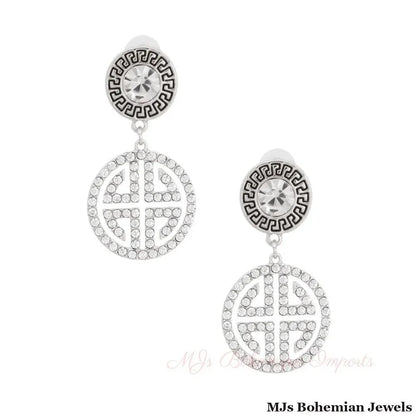 Silver Round Crystal Greek Key Earrings