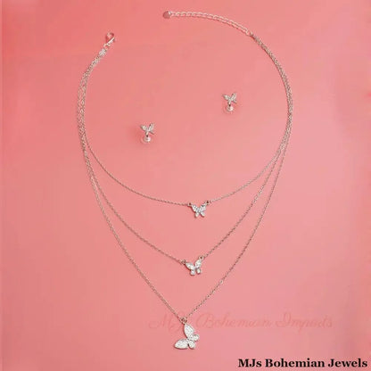 Silver Triple Chain Butterfly Necklace