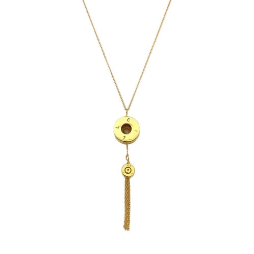 Recycled bullet tassel necklace with gold plated chain handcrafted from bombshell in Cambodia