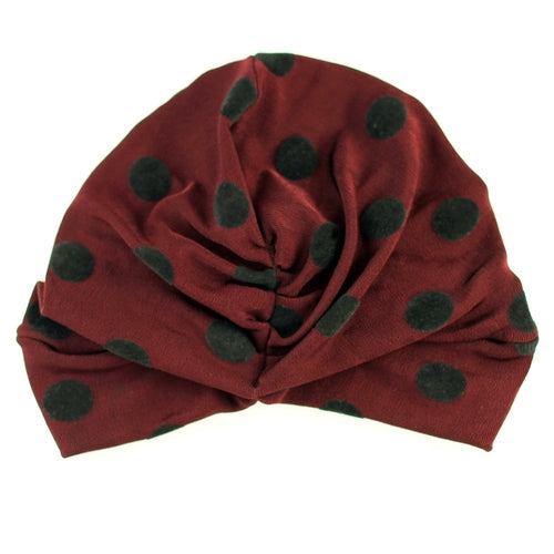 Black velvet slinky dot turban with ruched back and stretch knit fabric
