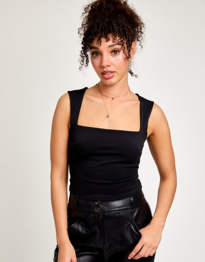 Square Neck Sleeveless Knit Top - Black