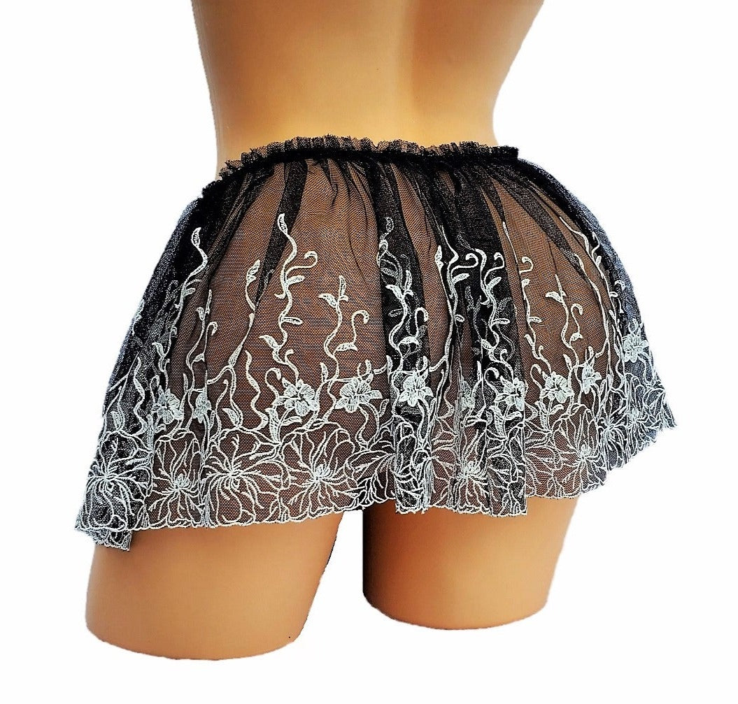 Black And White Mesh Lingerie Skirt With Dainty Embroidered Ruffles